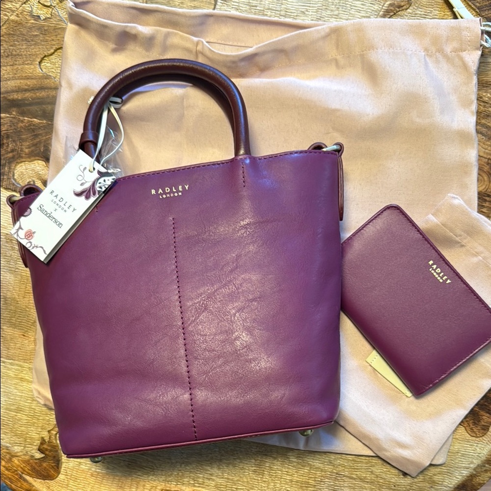 Radley London Purple Tote Bag with Luxurious Leather Finish and matching wallet